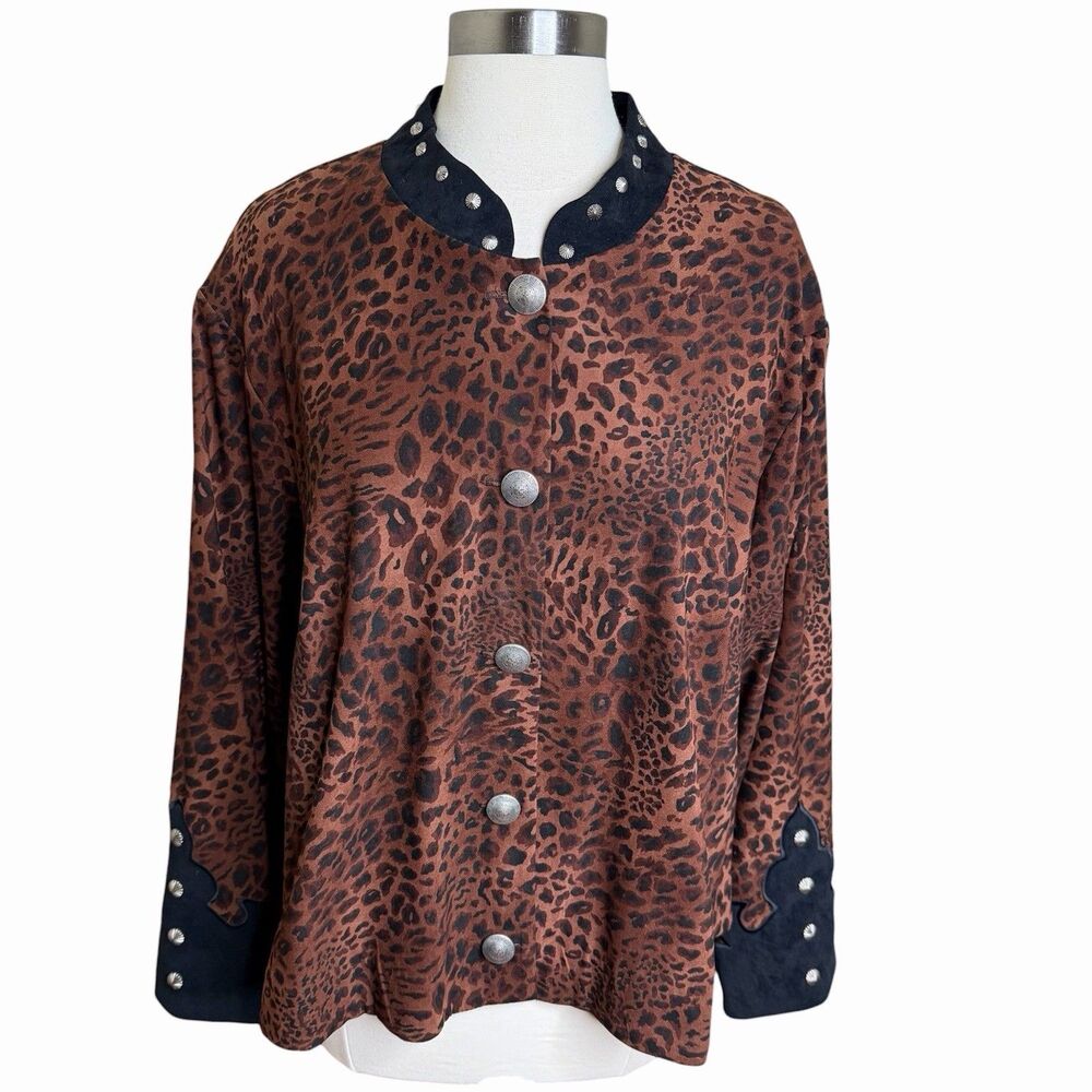 Vintage New Frontier Leopard Print Western Studded Trim Jacket Cowgirl 2X USA